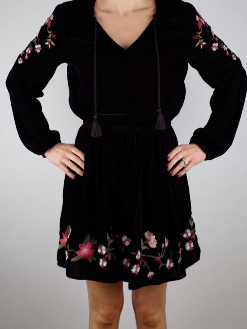 Whimsigoth Boho Black Velvet Mini Dress with Floral Embroidery